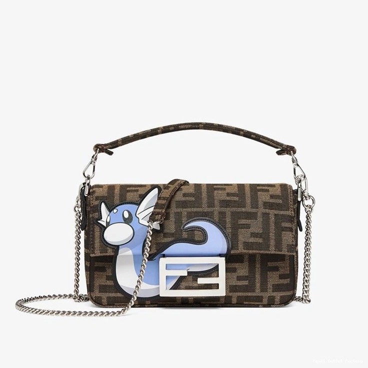 Vintage HOT FF Baguette Motif Fabric Blue Fendi In Pokmon Dragon Mini Bag Brown 0811